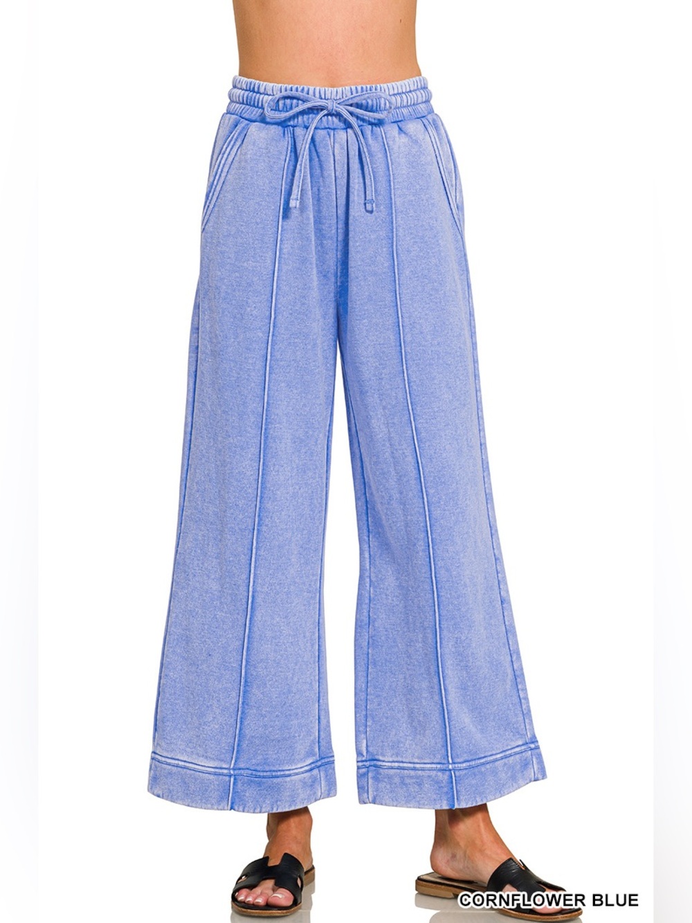 Zenana Cornflower Blue Acid Washed Fleece Pintuck Wide Leg Cropped Pants